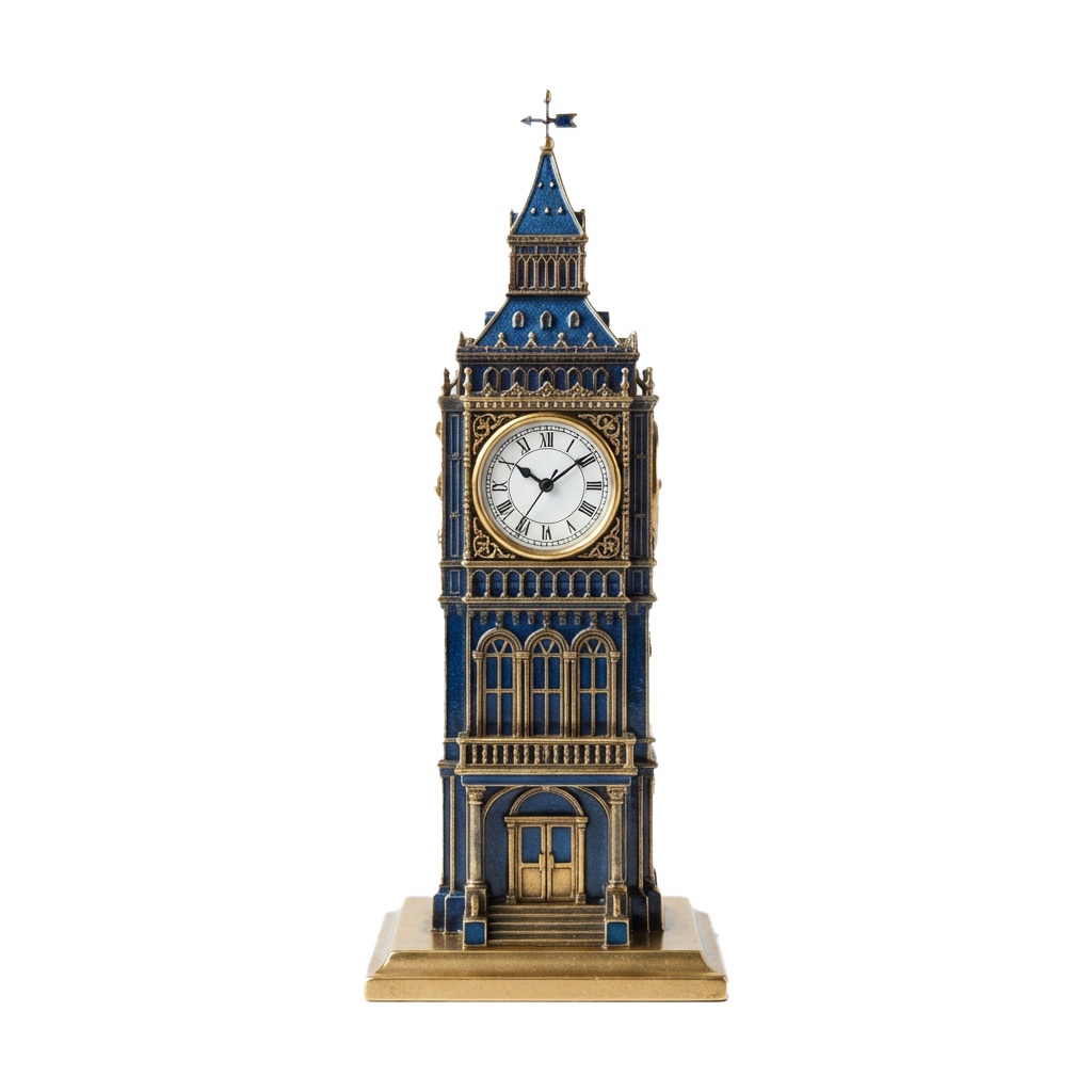 A detailed miniature model of a clock tower with blue and gold accents and a working clock face.