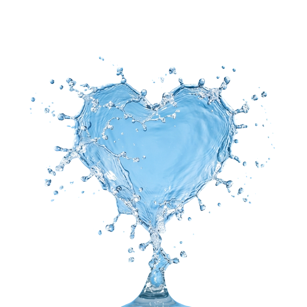 A heart shape made of flowing water splashing from a glass container against a black background