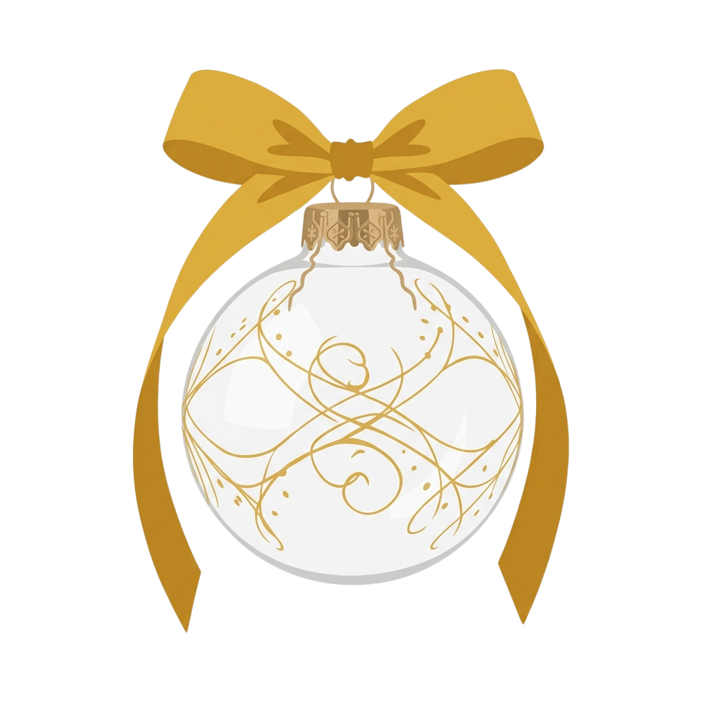 A decorative Christmas ornament with gold ribbon bow and intricate gold vine patterns on a white background