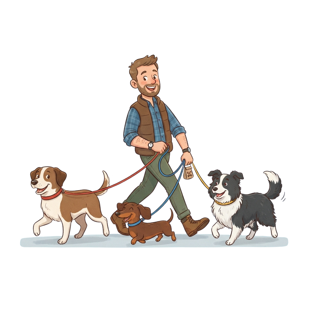 Illustration of a smiling man walking three dogs on leashes