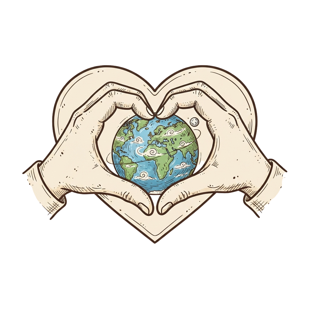 Two hands forming a heart shape with the Earth inside, symbolizing care for the planet