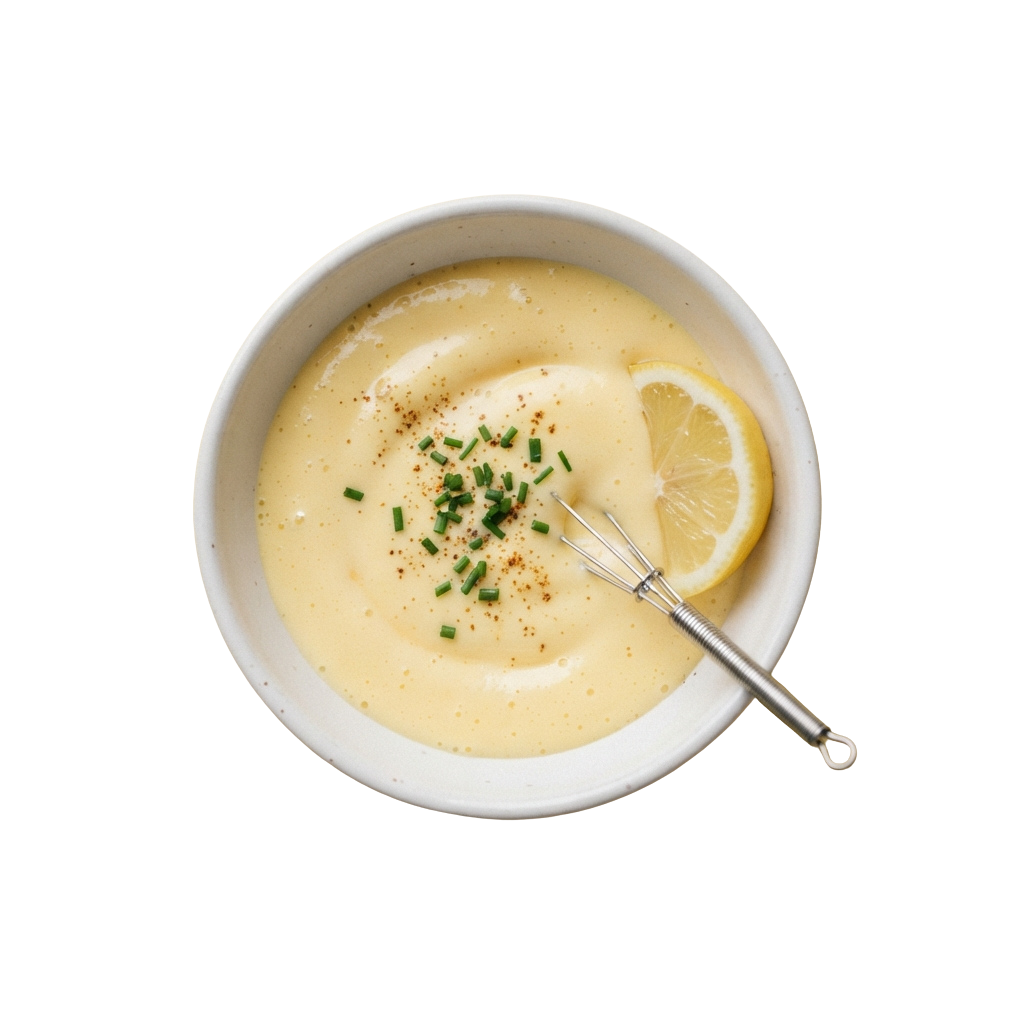 Bowl of creamy lemon soup topped with chopped chives and a lemon wedge, served with a fork