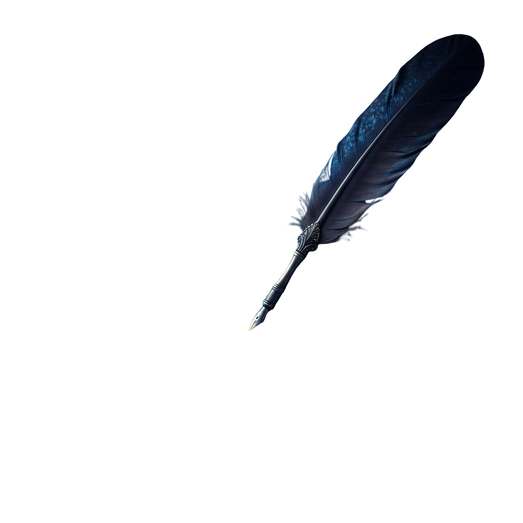A quill pen with a blue feather attached, set against a dark background.