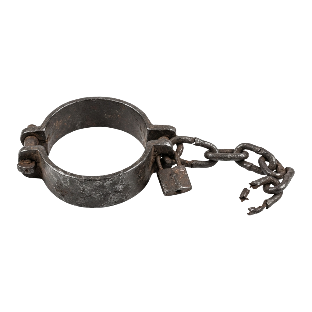 Old rusted metal manacle attached to a padlock and short chain