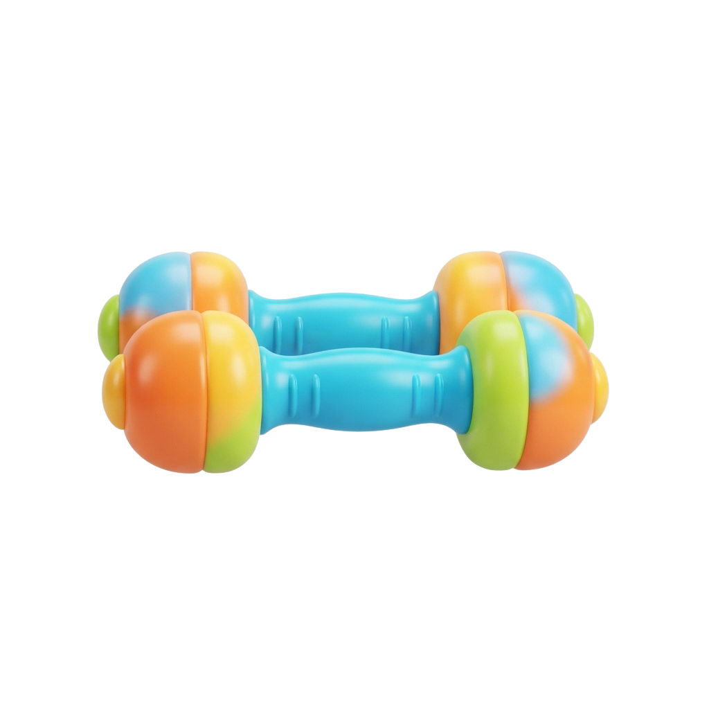 A colorful plastic dumbbell toy with blue handles and orange, yellow, and green spherical weights on each end.