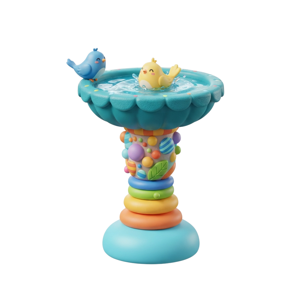 A playful toy bird bath with a blue bird perched on the edge and a yellow duck swimming inside, surrounded by colorful rings and decorations