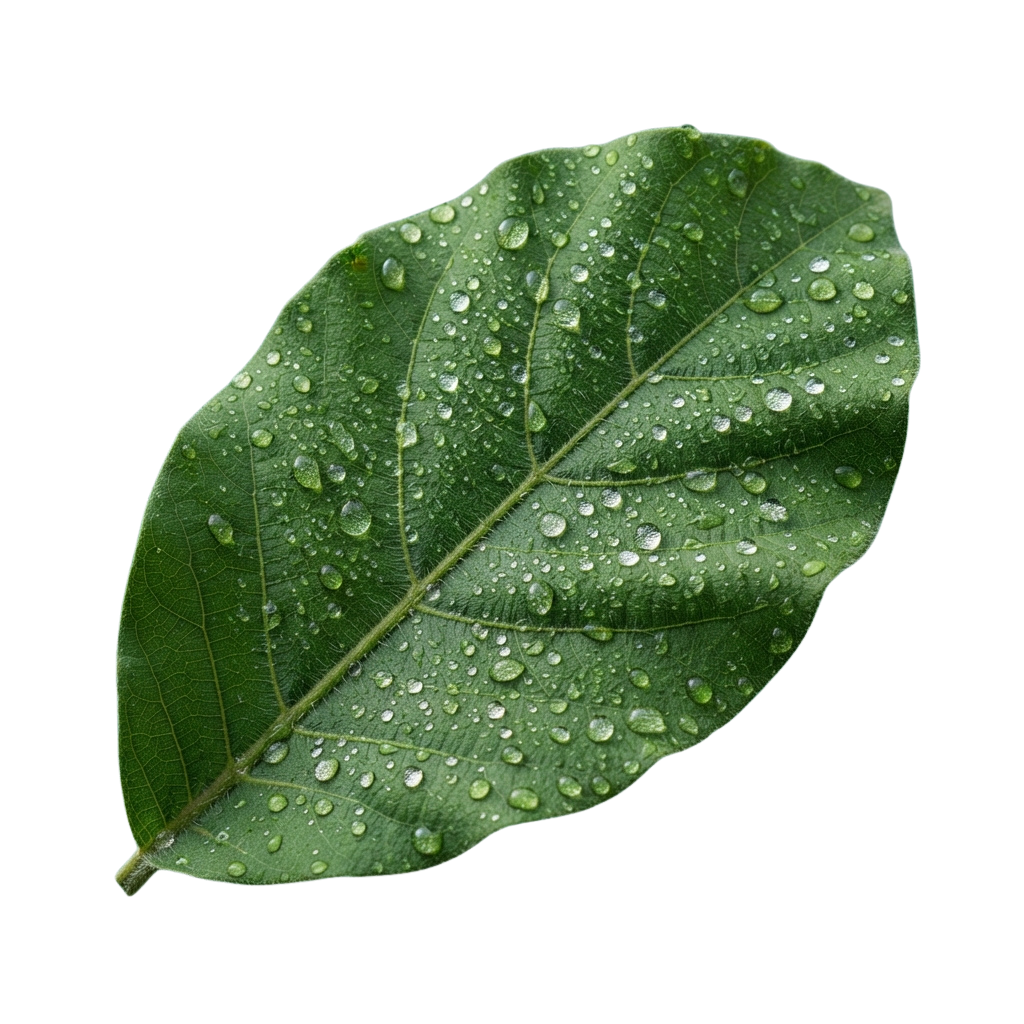 A single green leaf with water droplets on its surface against a dark background