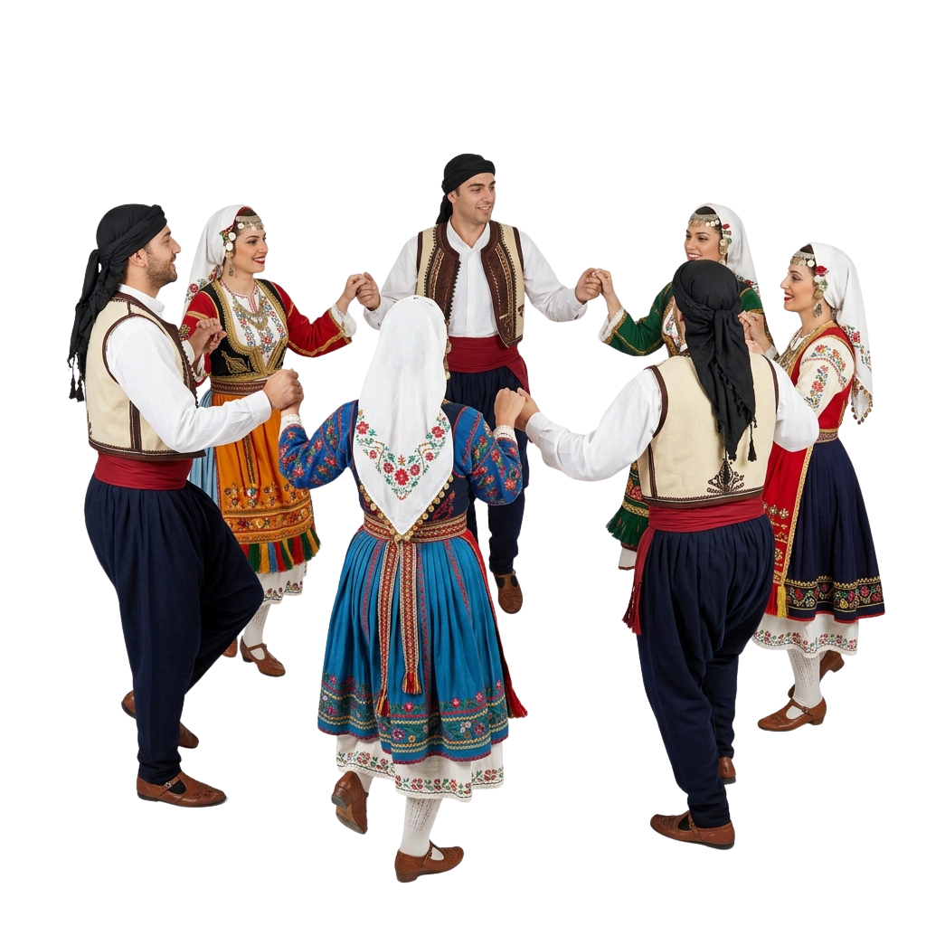 Six people performing a traditional folk dance in vibrant, embroidered costumes holding hands in a circle