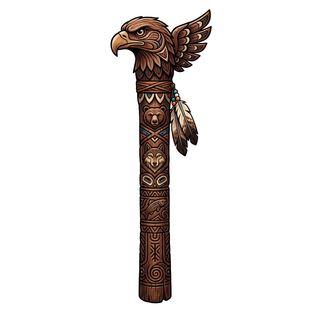 Totem pole featuring an eagle head with spread wings and carved bear symbols, adorned with feathers.
