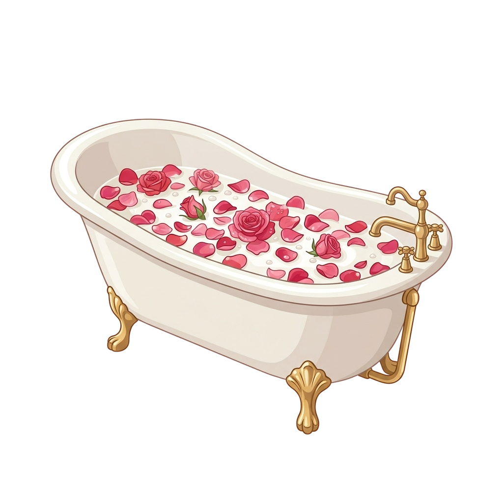 A white freestanding bathtub filled with water, rose petals, and bubbles, featuring gold-colored fixtures and claw feet.