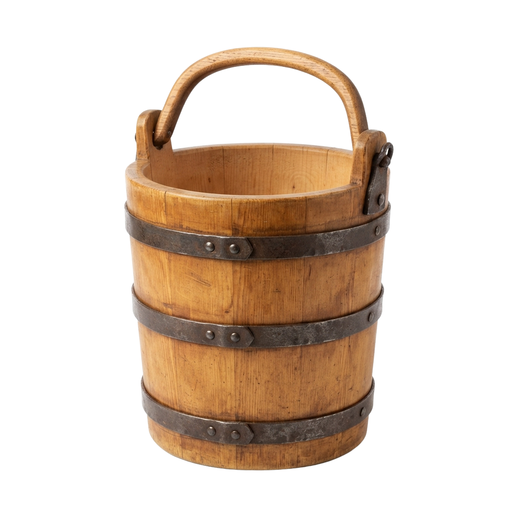 A wooden bucket reinforced with three metal hoops and a sturdy wooden handle for carrying.