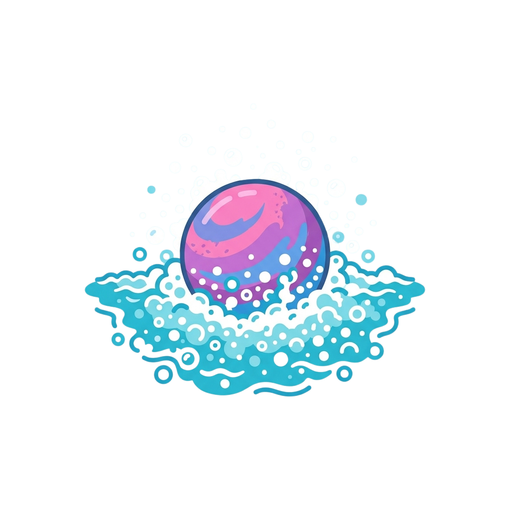 A glowing pink and purple bubble floating above a blue water splash with bubbles