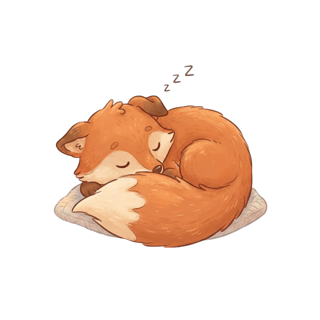 A cartoon fox curled up sleeping on a white blanket with a peaceful zzz sound effect