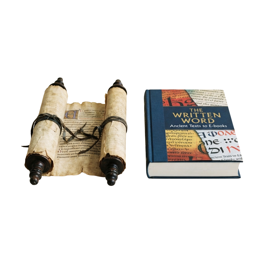 An old-style scroll and a modern book titled The Written Word side by side.