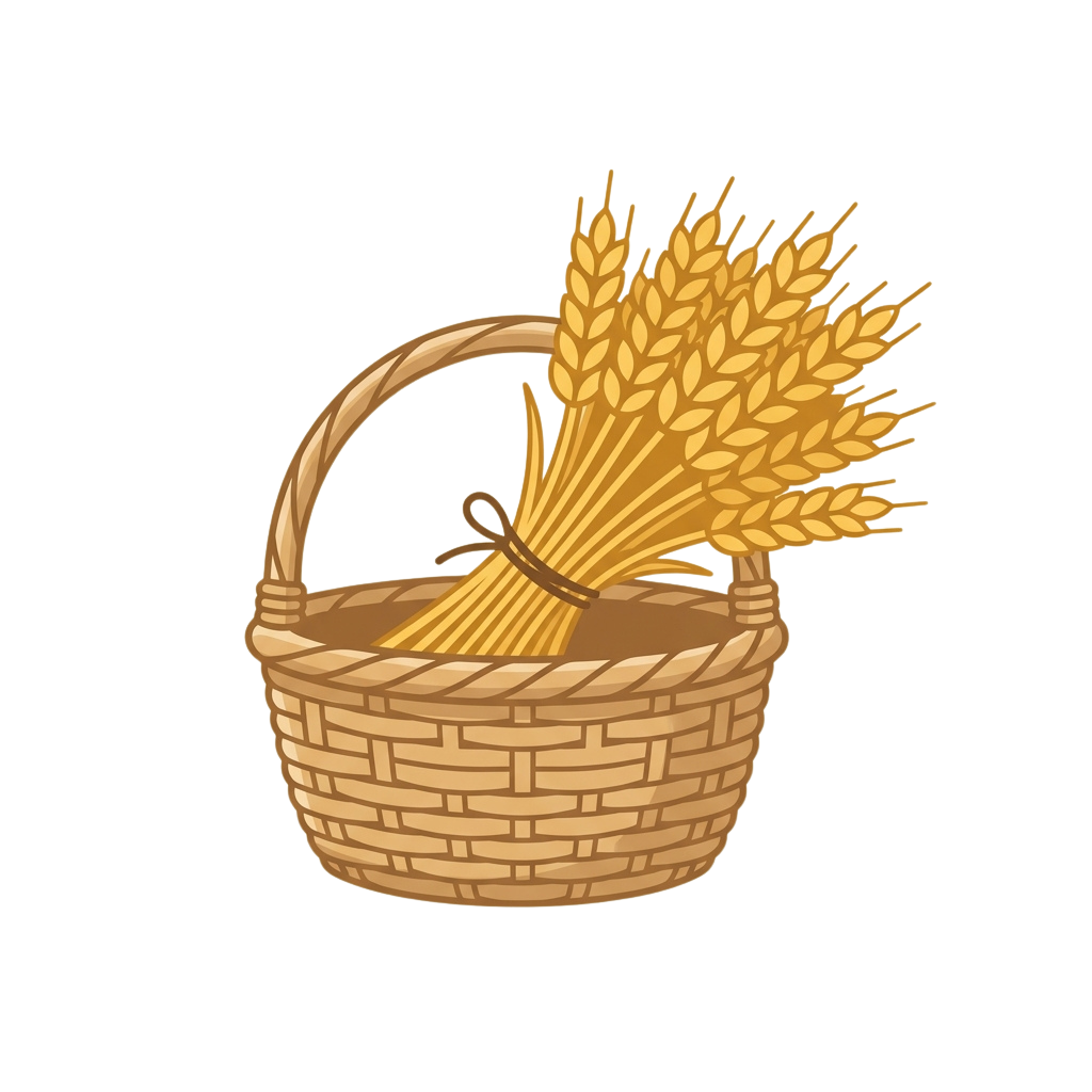 A wicker basket holding golden wheat sheaves with a handle and a tied knot.