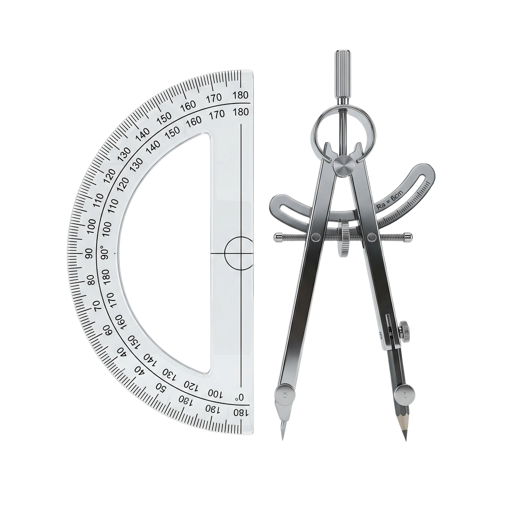 A protractor with degree markings and a drafting compass with adjustable legs and pencil