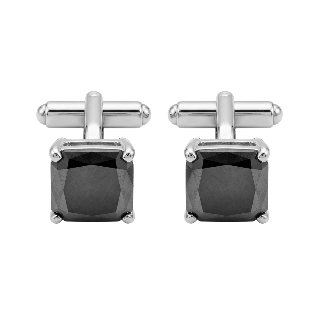 Pair of silver cufflinks featuring a square-shaped, faceted dark gemstone in the center