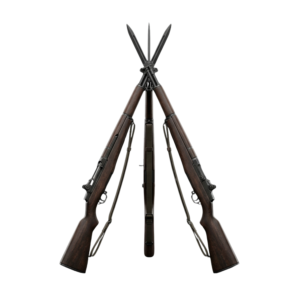 Three vintage rifles with attached bayonets arranged in a triangular formation against a black background