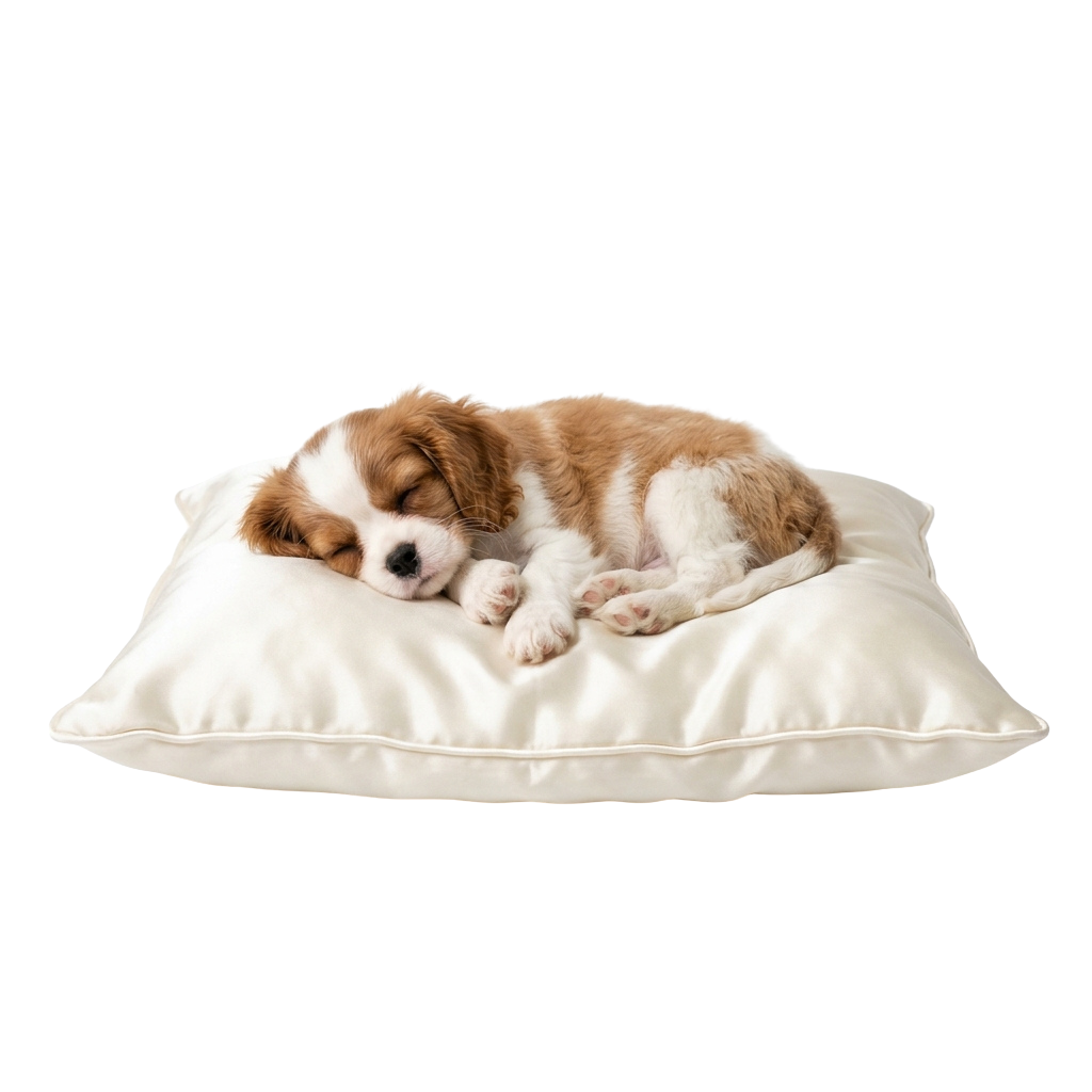 A small Cavalier King Charles Spaniel puppy sleeping on a white pet bed
