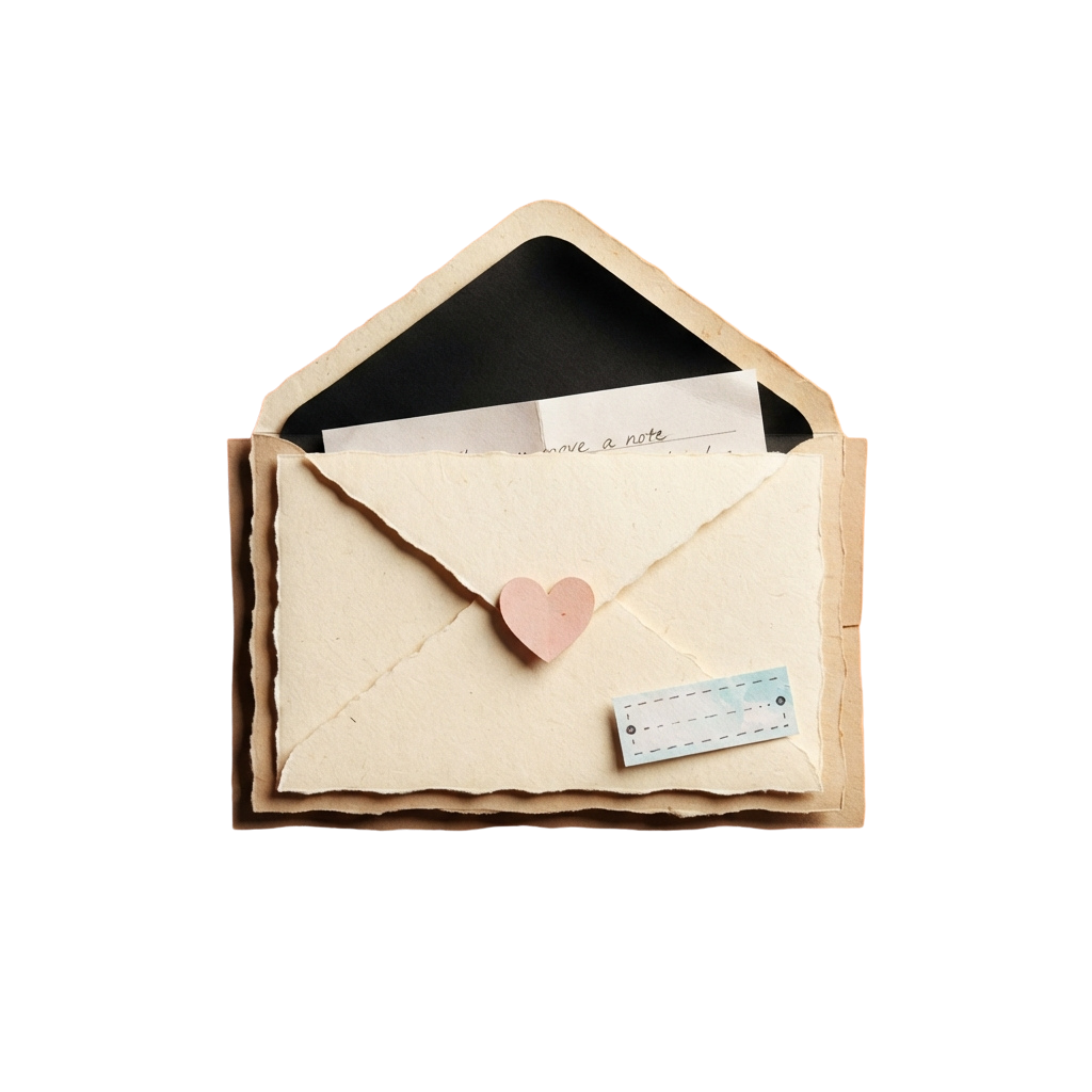 An open vintage envelope with a pink heart tag and a small note inside, placed in a brown paper envelope holder