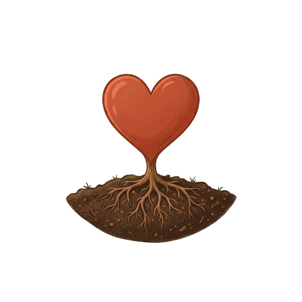 An illustration of a red heart growing from soil with visible roots.