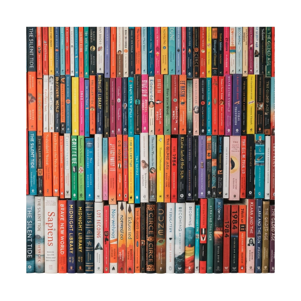 Vertical arrangement of various colorful paperback books with visible titles and spines