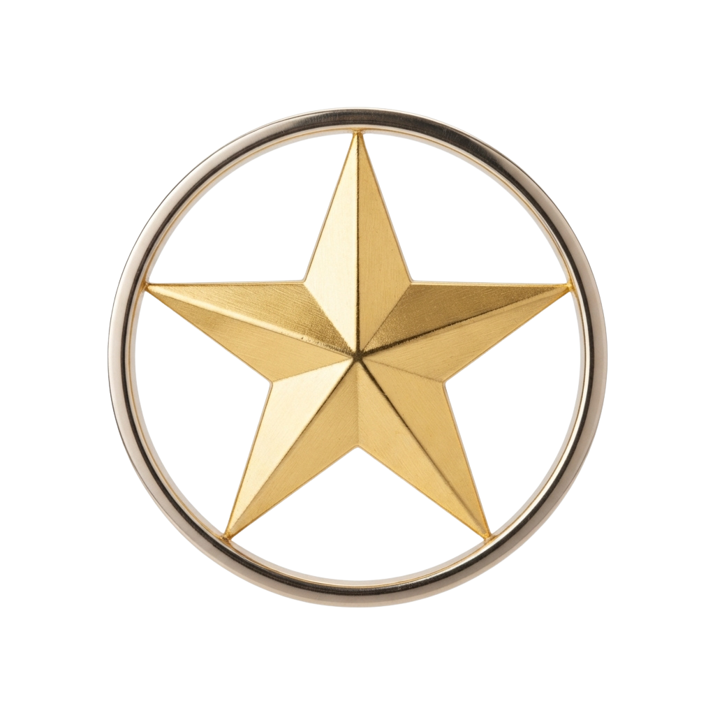A shiny gold five-pointed star emblem centered inside a circular frame against a black background