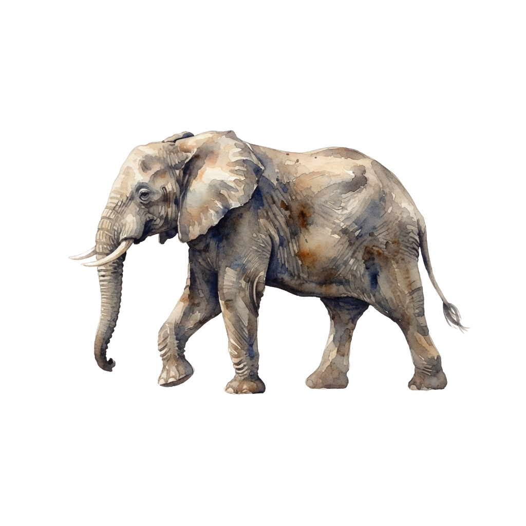 A watercolor-style illustration of a gray elephant walking on a black background