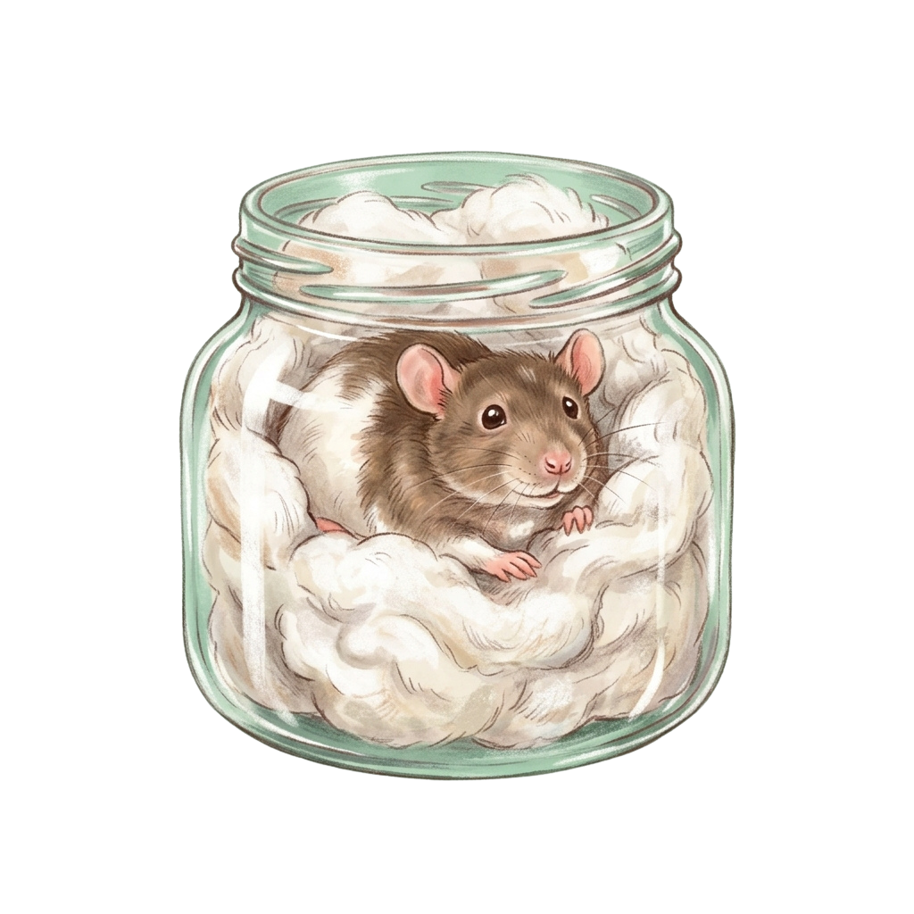 Illustration of a small brown rat nestled in white cotton balls inside a glass jar