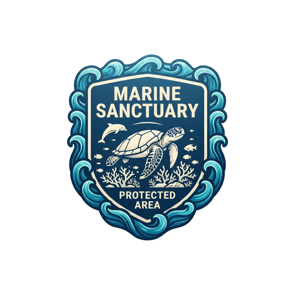 Logo showing a sea turtle, dolphin, and fish in a protected marine sanctuary with waves and coral