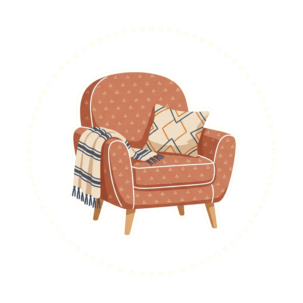 Illustration of a brown patterned armchair with a plaid throw blanket and geometric cushions