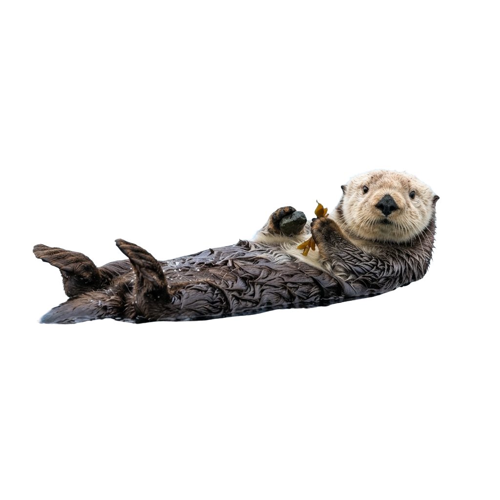 Sea otter floating on its back with two pups holding paws together