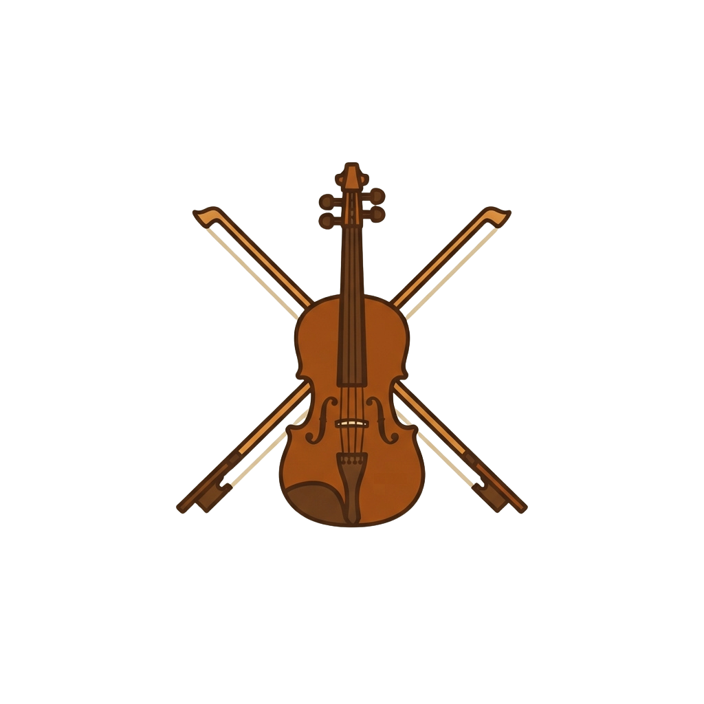 A brown violin crossed by two bows on a black background