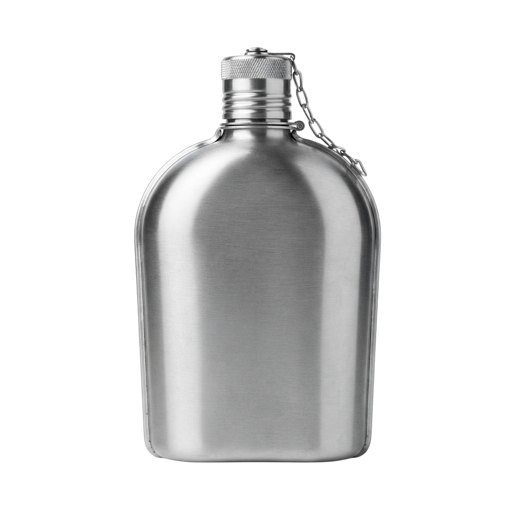 Shiny stainless steel canteen bottle with a screw-on cap and attached carabiner loop
