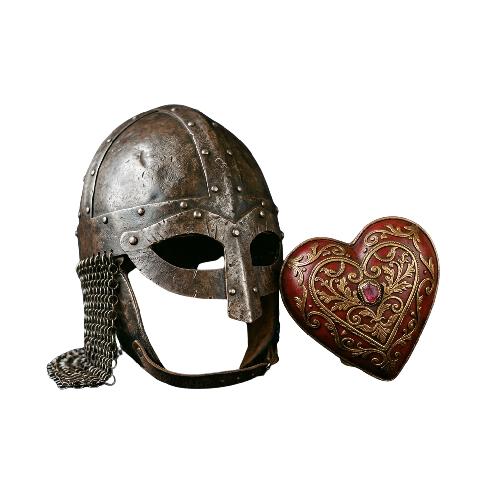 Ancient metal helmet with eye holes and chainmail neck guard next to a decorative heart-shaped pendant with intricate designs