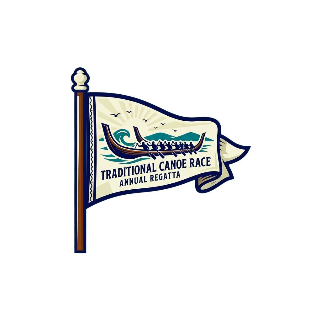 Flag depicting a canoe race with waves, birds, and text reading Traditional Canoe Race Annual Regatta