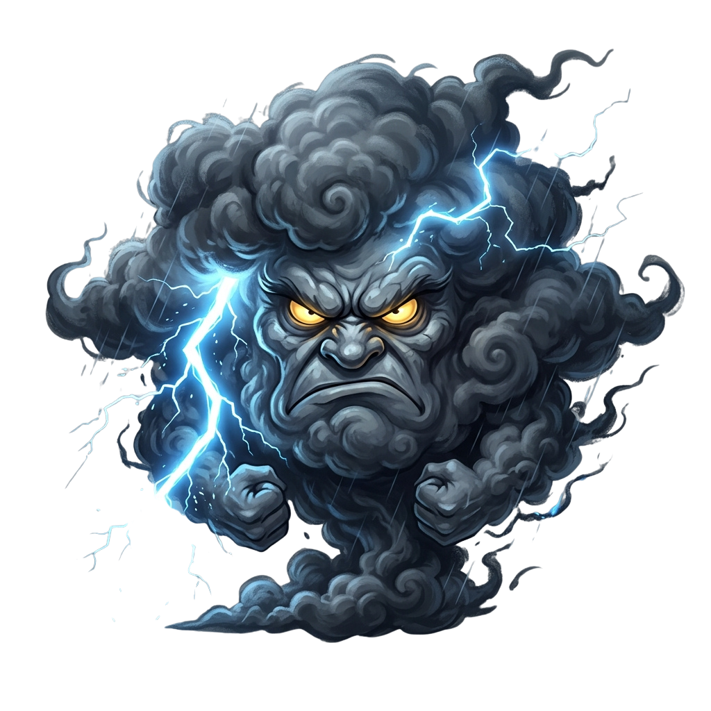 Angry monster made of storm clouds with lightning bolts striking around it