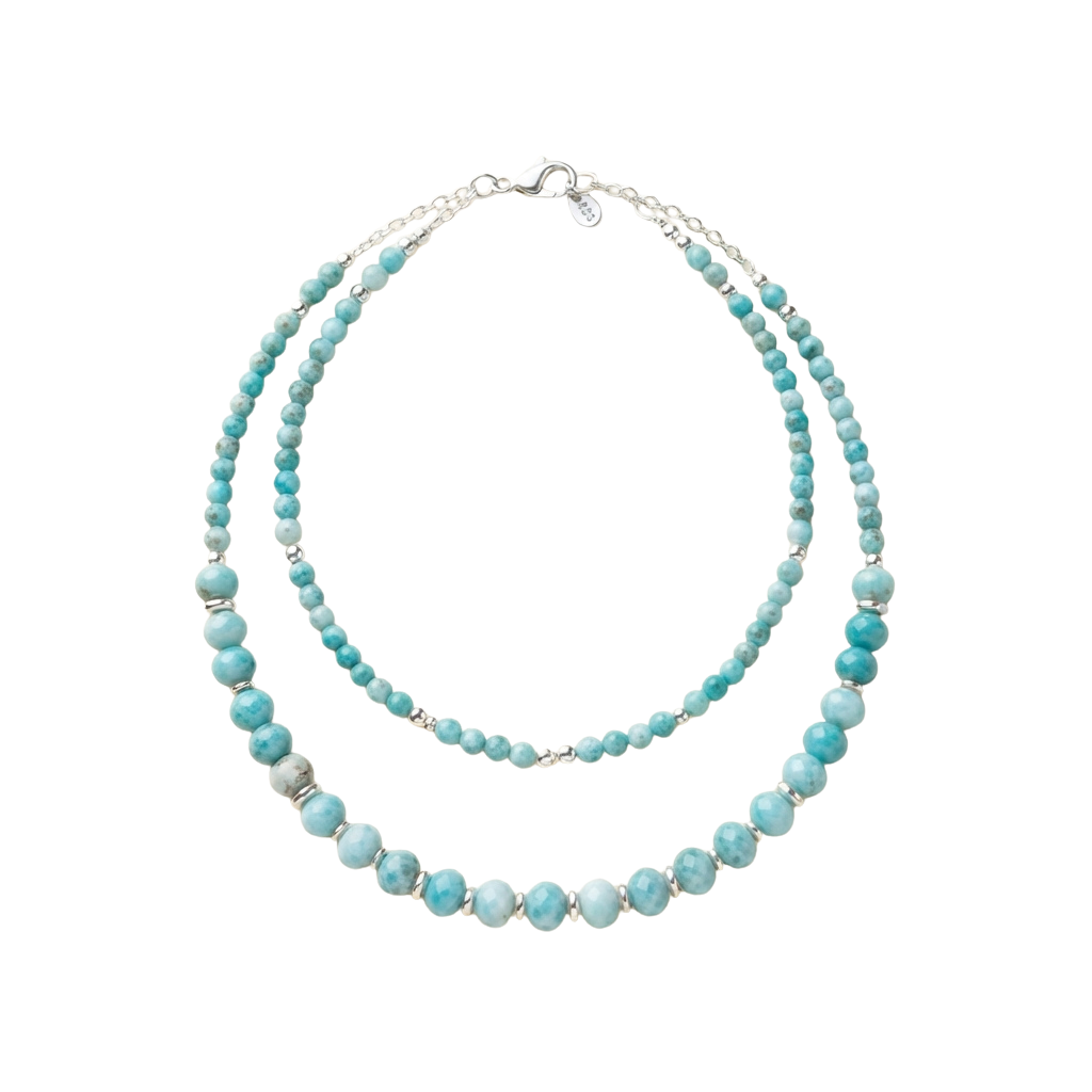 Double strand turquoise bead necklace with silver clasp on black background