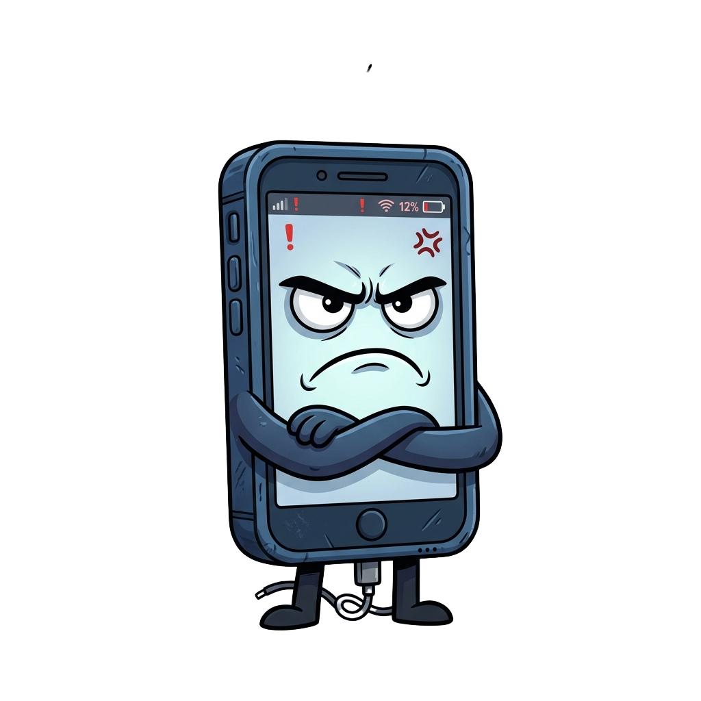 Animated smartphone with arms crossed and angry face, showing error symbols on screen