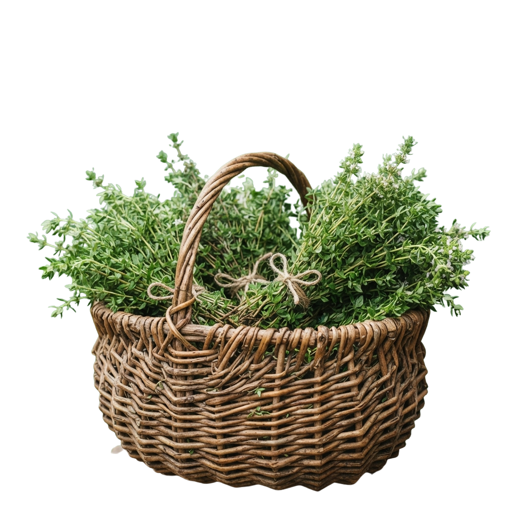 A woven basket filled with lush green herbs tied with a bow.