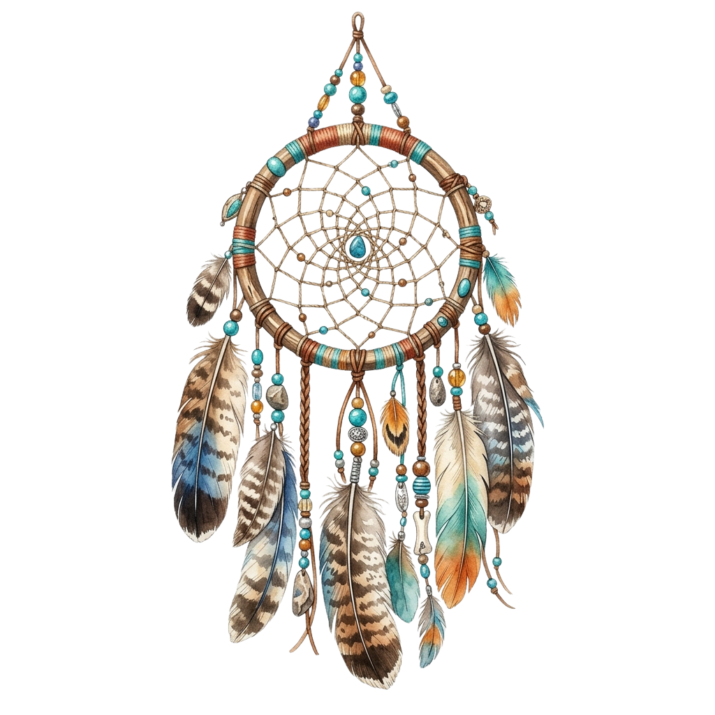 Dreamcatcher with feathers and turquoise beads hanging from a circular web design