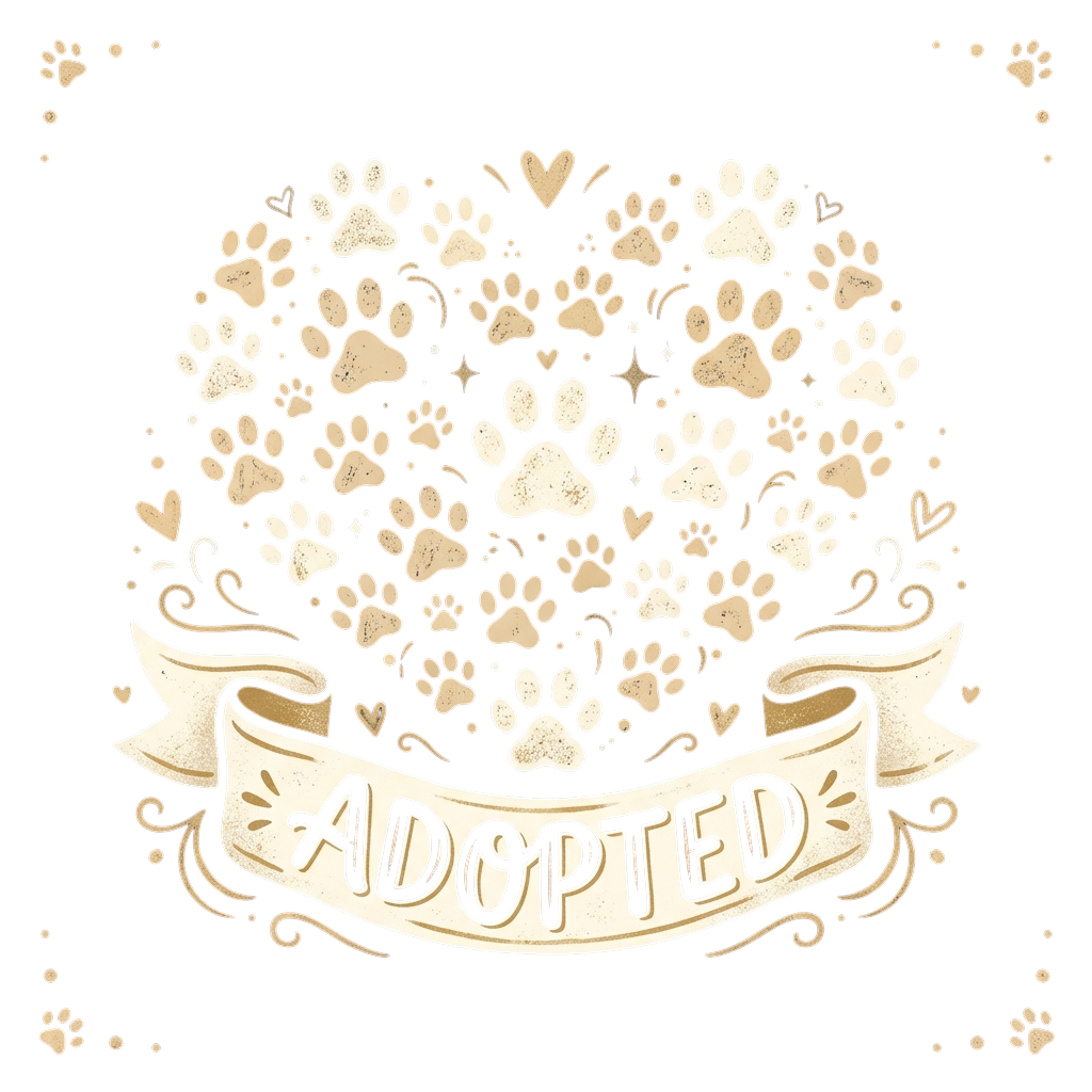 Illustration showing a cluster of paw prints with the word adopted on a banner.