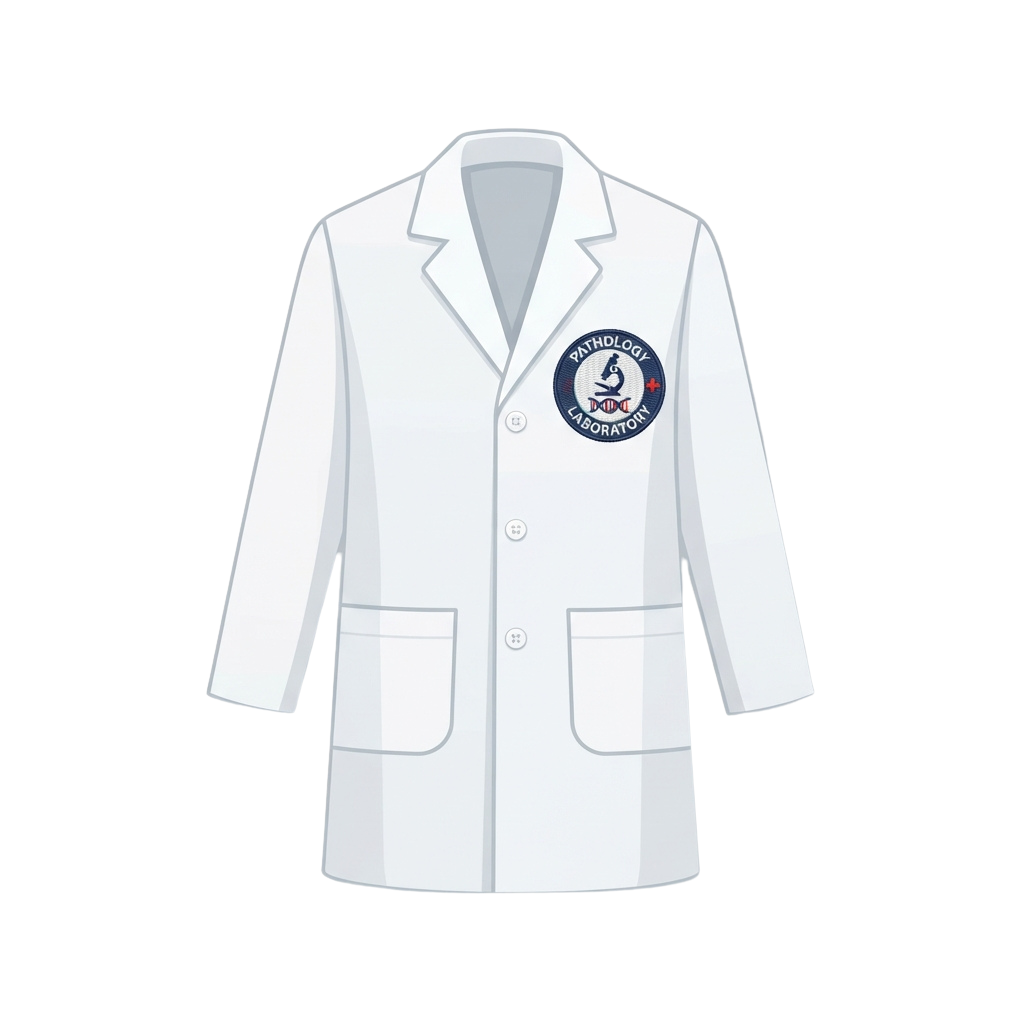 White lab coat featuring a circular emblem with microscope and text reading Pathology Laboratory