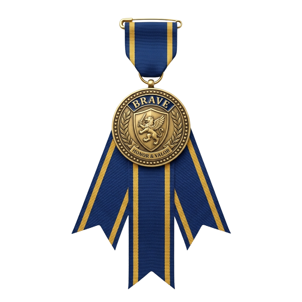 Military medal featuring a lion emblem and the words Honor and Valor on a blue and gold ribbon