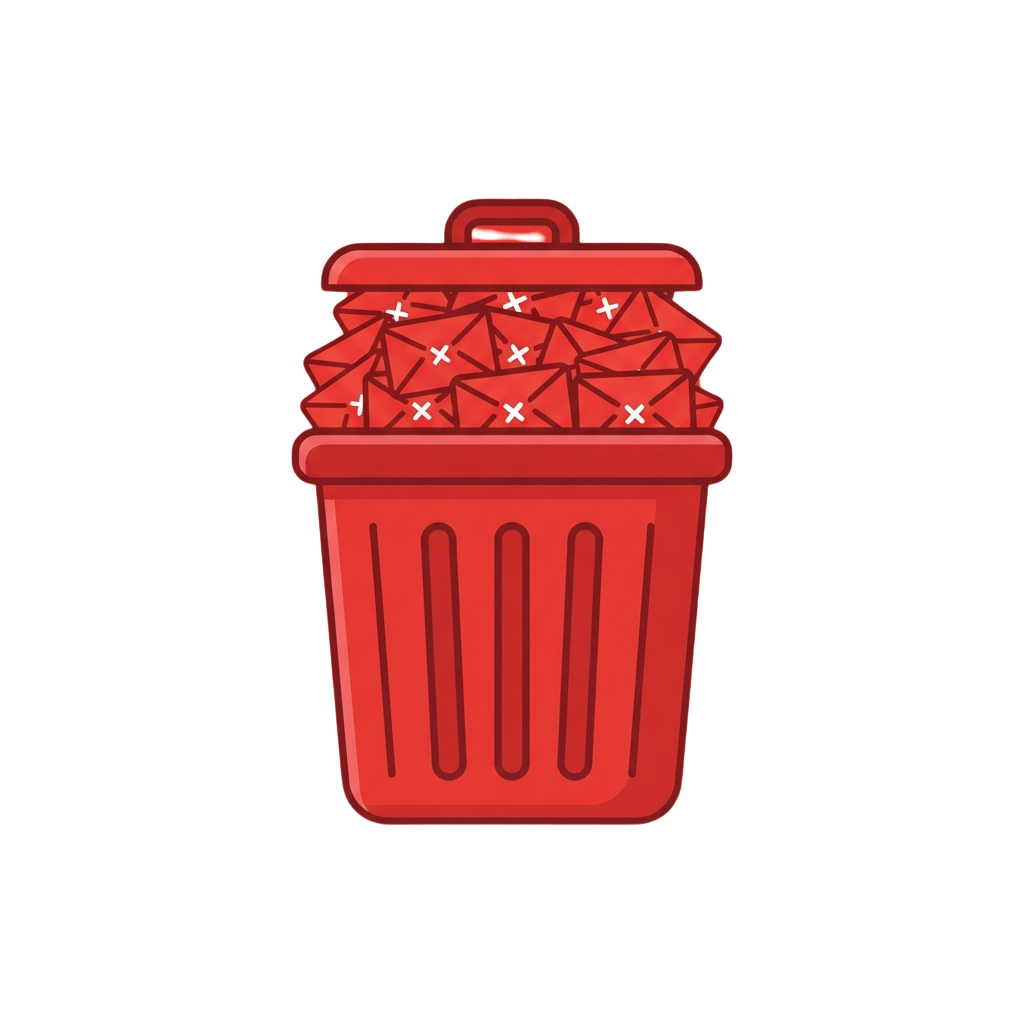 A red trash can filled with crumpled paper pieces spilling out of the lid