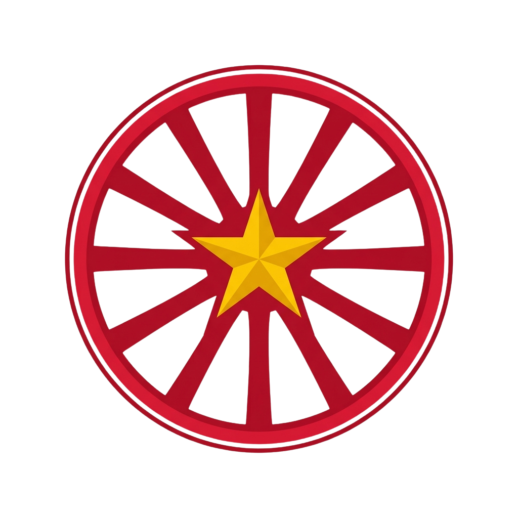 A red circular wheel with spoked design and a bright yellow five-pointed star at the center