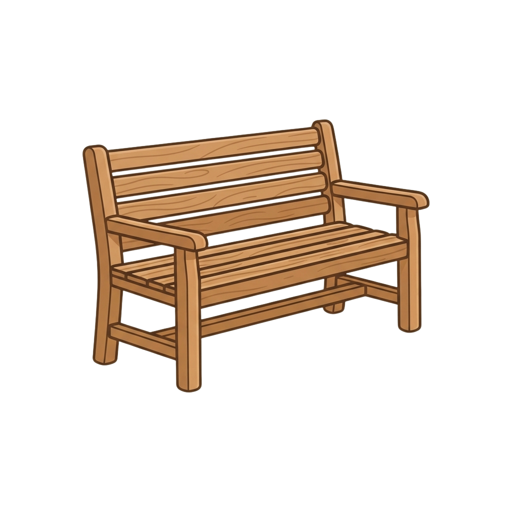 Simple wooden park bench with slatted seat and backrest, illustrated in brown