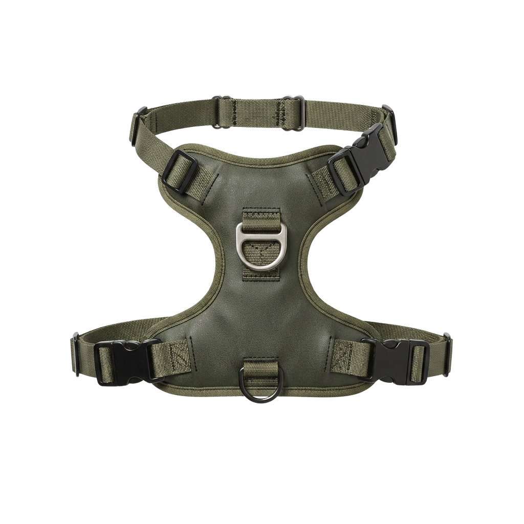 Green dog harness with adjustable straps and metal buckles viewed from the back