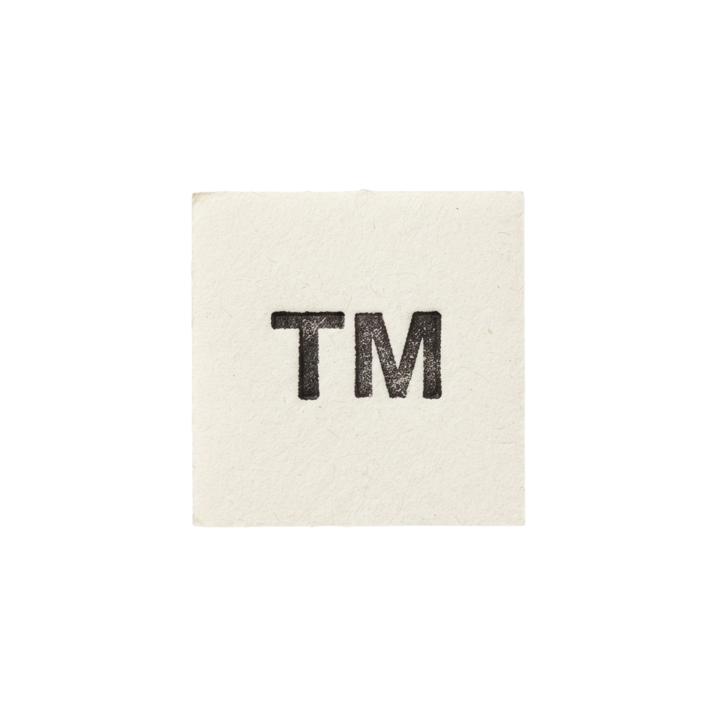 Square sticker with black TM trademark symbol on a light beige background