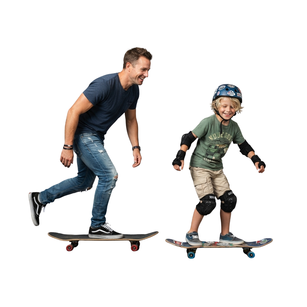 An adult and a child skateboarding side by side, both smiling and wearing protective gear.